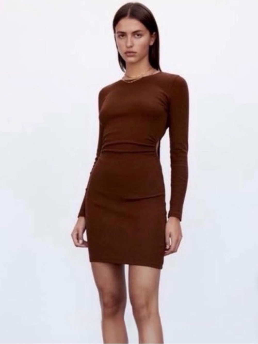 Zara Brown Long-Sleeve Bodycon Mini Dress
